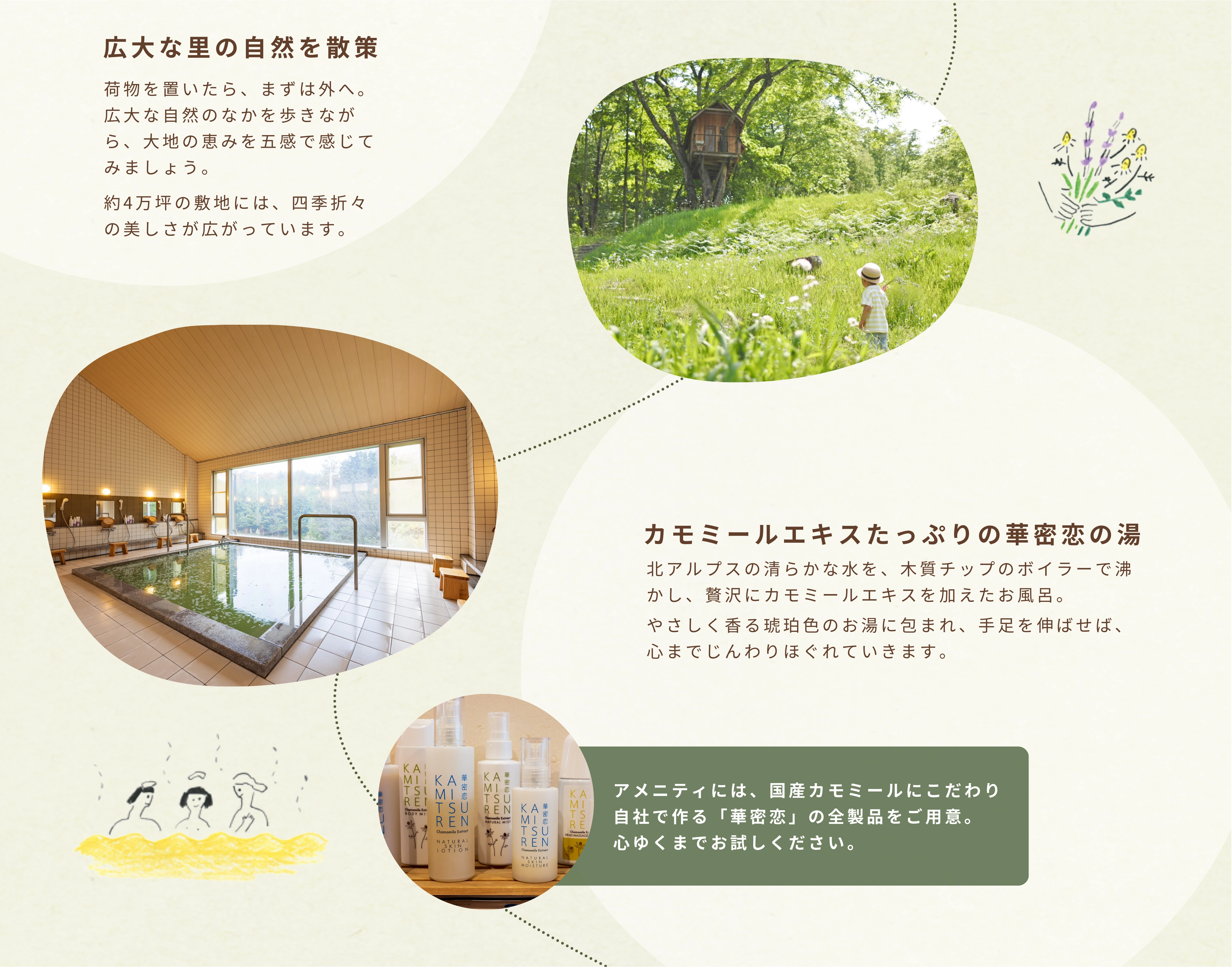 八寿恵荘の滞在イメージ：チェックインから夕食までの過ごし方、自然散策とお風呂・華密恋の湯の紹介