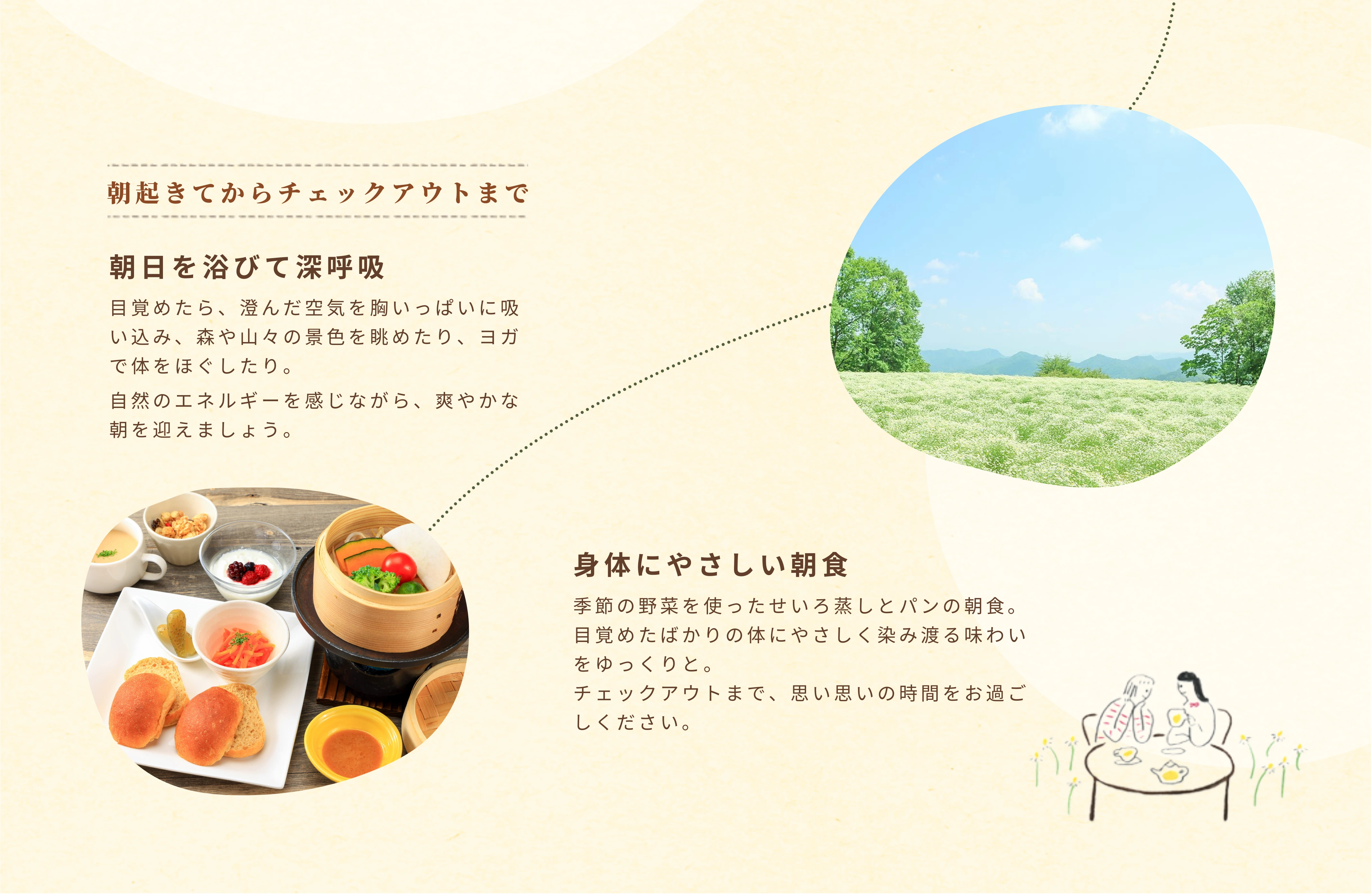 八寿恵荘の滞在イメージ：朝起きからチェックアウトまで：昼間のカモミール畑と朝食写真